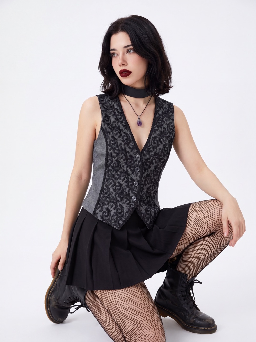Chico's 90s Black lace vest wool brocade Fall steam punk whimsigoth career